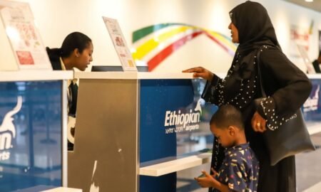 People check in at the newly-built domestic passenger terminal at Bole International Airport in Addis Ababa, Ethiopia,