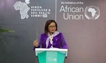 Amb. Josefa Sacko, the African Union Commissioner for Agriculture, Rural Development, Blue Economy and Sustainable Environment, addresses delegates during the Africa Fertilizer and Soil Health Summit in Nairobi