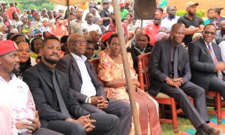 NUP principal Robert Kyagulanyi (second-left) at an event in Lwengo, part of the Greater Masaka