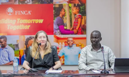 Andree Simon, President and CEO of FINCA International, and James Onyutta, CEO of FINCA Uganda talking about FINCA’s intensified efforts to improve the lives of small entrepreneurs and cooperatives with a variety of support services.