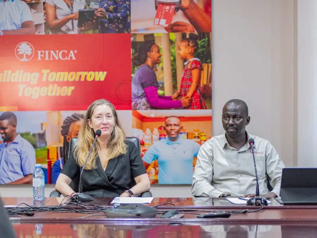 Andree Simon, President and CEO of FINCA International, and James Onyutta, CEO of FINCA Uganda talking about FINCA’s intensified efforts to improve the lives of small entrepreneurs and cooperatives with a variety of support services.