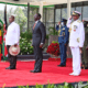 Kenyan President William Ruto (C) welcomes visiting Ugandan President Yoweri Museveni (L) at the State House in Nairobi, Kenya, on May 16, 2024. Kenya and Uganda on Thursday signed a number of agreements to enhance bilateral cooperation