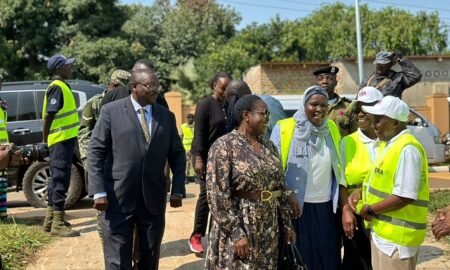 Ruth Nankairwa, Minister for Energy and Mineral Development (putting on sunglass) welcomed by officials from Electricity Regulatory Authority (ERA) in Gulu City on Tuesday.